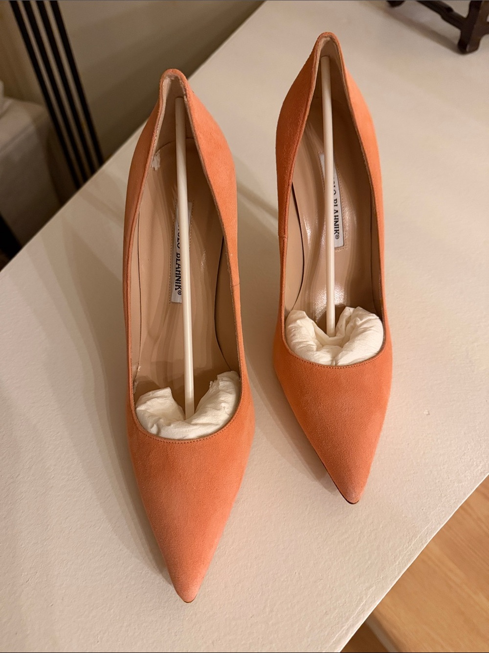 Manolo Blahnik Coral Suede Pointed-Toe Pumps